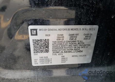 2019 Chevrolet Trax 1Lt z USA, uszkodzony, nr VIN 3GNCJLSB5KL172404